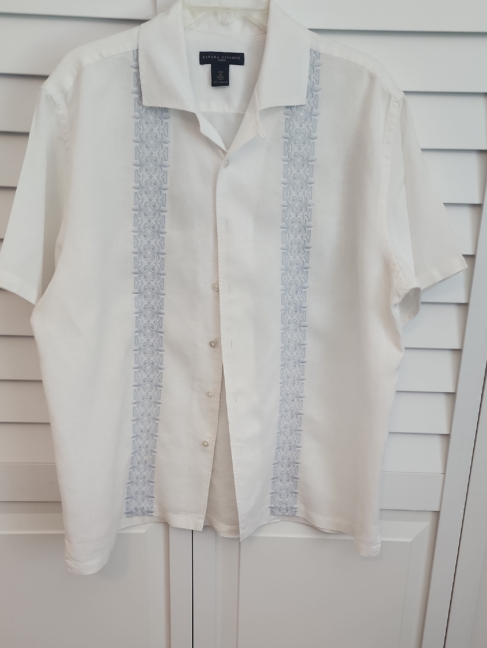 Tommy Bahama White Short Sleeve Button-Down Shirt with Light Blue Embroidery